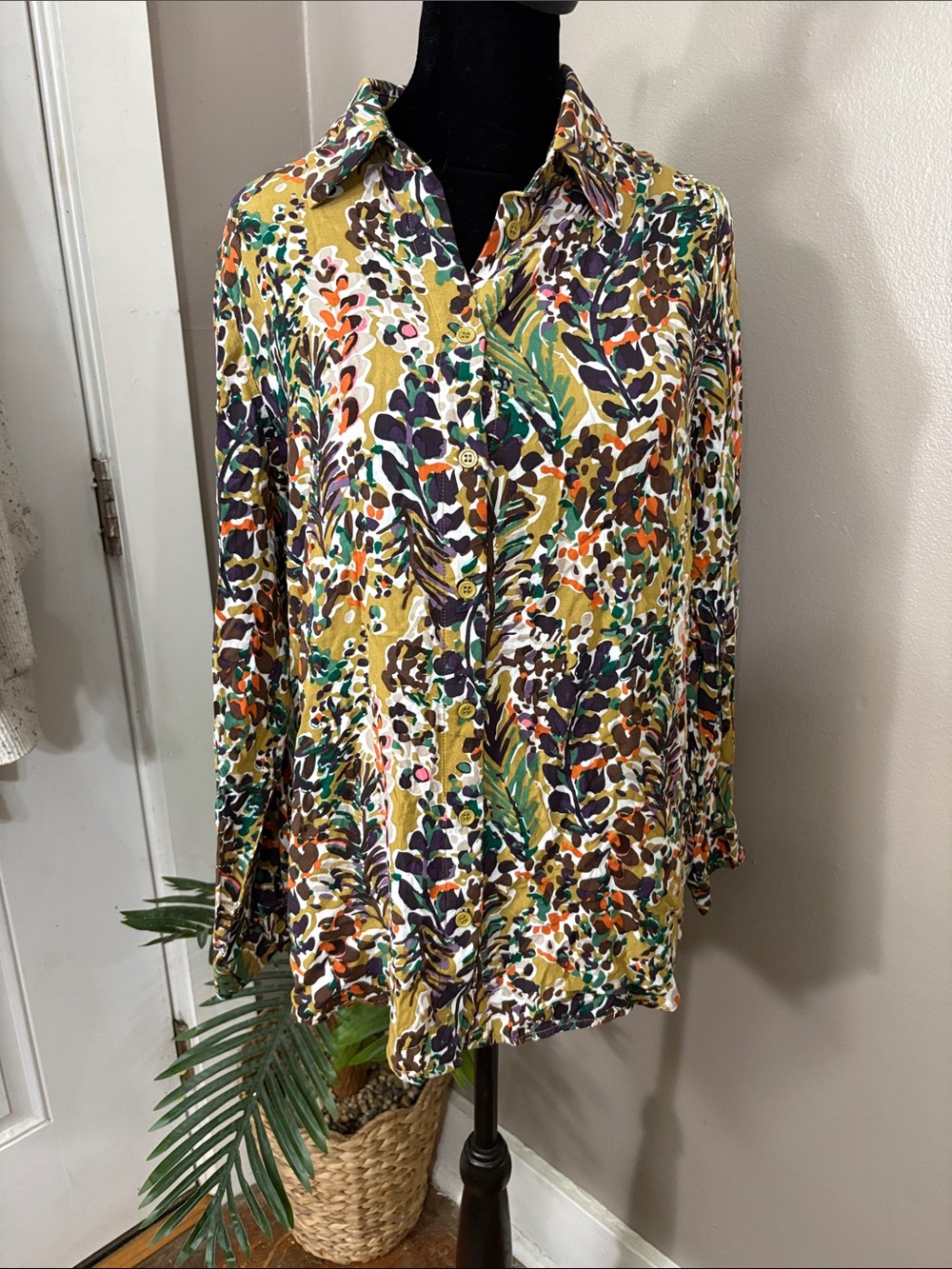 bohme Multicolor Floral Button-Down Blouse - Yellow, Green, Purple size Small